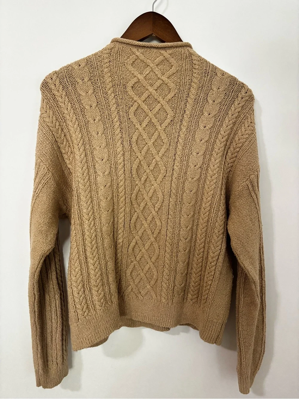 J.Crew Cable Knit Rolled Neck Sweater Large Tan Cotton Blend Fisherman Knit